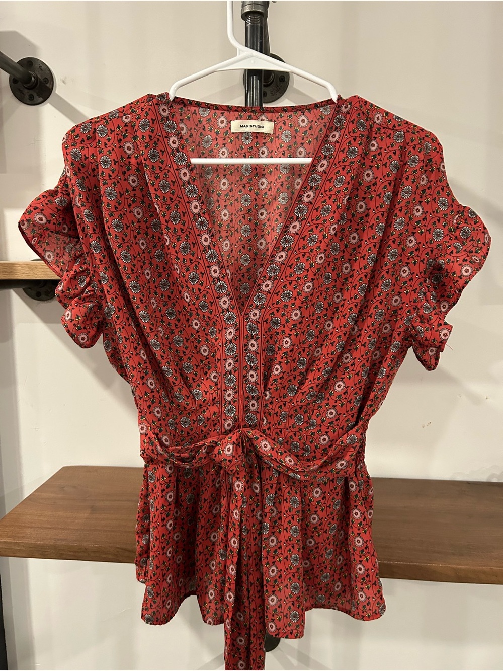Max Studio Red Floral Tie-Front Tunic